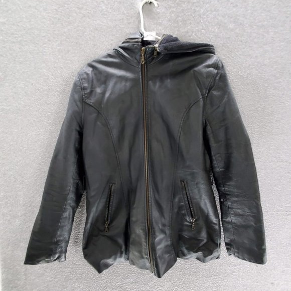 JD Italian Women Leather‎ Jacket Large Black Leather Removable Hood Fleece READ - Picture 1 of 11